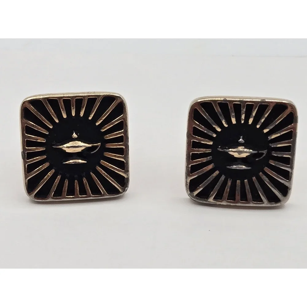 Hickok Cufflinks Vintage Gold Tone Black Lamp Sun Burst Design